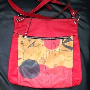 Inaki Sampedro 100% Leather Red and Tan Creative Art Crossbody Bag Zipoer